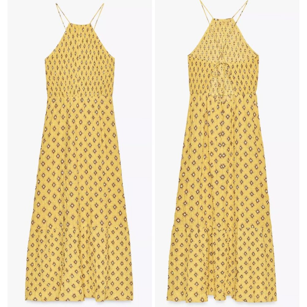 Zara Yellow Printed Halter Dress with Smocking Size Medium